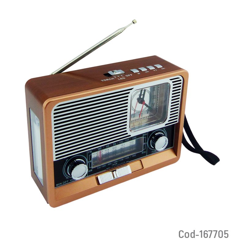 Radio Multibanda Marca YUEGAN Modelo YG-2113 RETRO Con Bluetooth, Reloj, Linterna, USB, TF Y AUX 18 cm x 13 cm x 6.7 cm por mayor en Chile