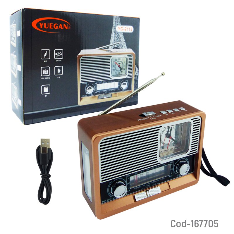 Radio multibanda marca yuegan modelo yg-2113 retro con bluetooth, reloj, linterna, usb, tf y aux mayorista — imagen 5