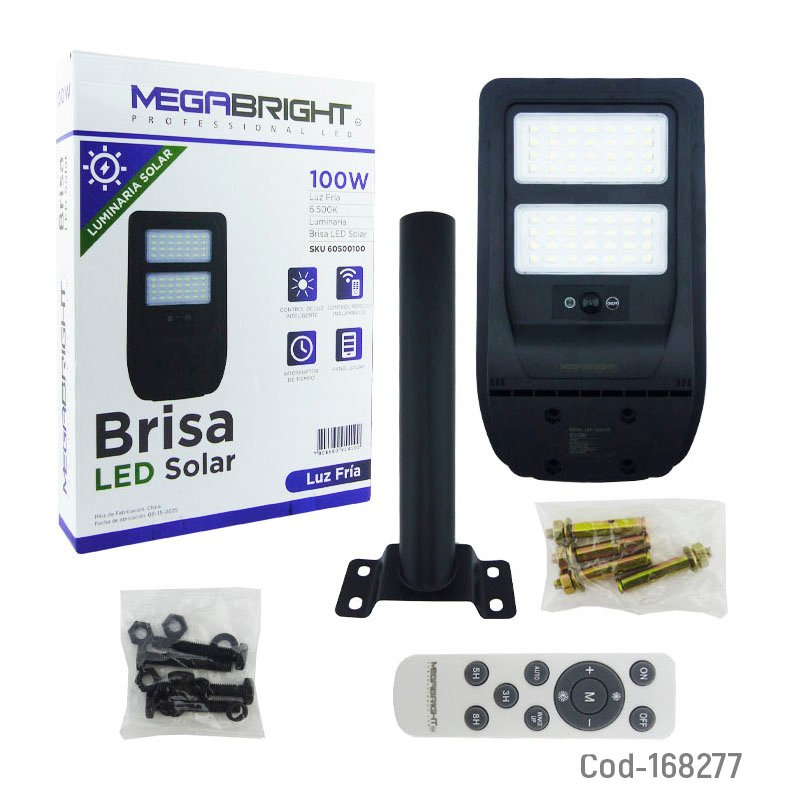 Foco Con Brazo Solar De 100 Watt Y 56 LED Modelo BRISA Marca MEGABRIGTH De 2 Placas Con Control Y Sensor. 39.2 cm x 4.4 cm por mayor en Chile