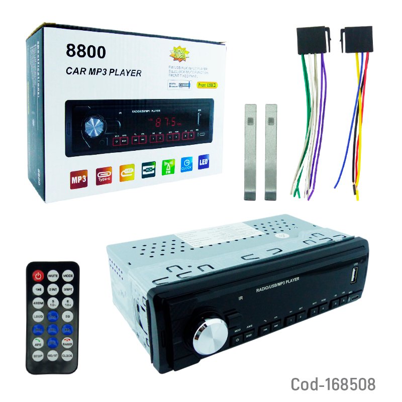 Radio Para Auto Modelo 8800 Con Conexion USB, Type-C, FM, AUX, Pantalla LCD De 50 Watts Y Control Remoto 18.5 cm x 6.6 cm x 15.4 cm por mayor en Chile