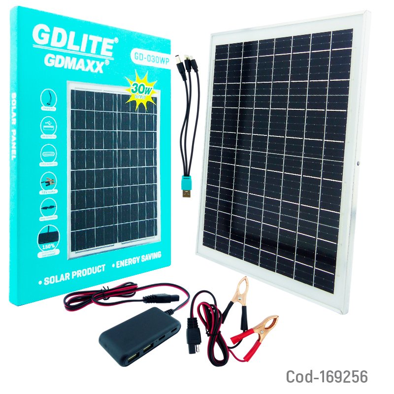 Panel Solar De 30 Watt Modelo GD-030WP Con 2 USB, 2 Type-C, Cable 5 Puntas Y Pinzas. 40 cm x 30 cm x 2 cm por mayor en Chile