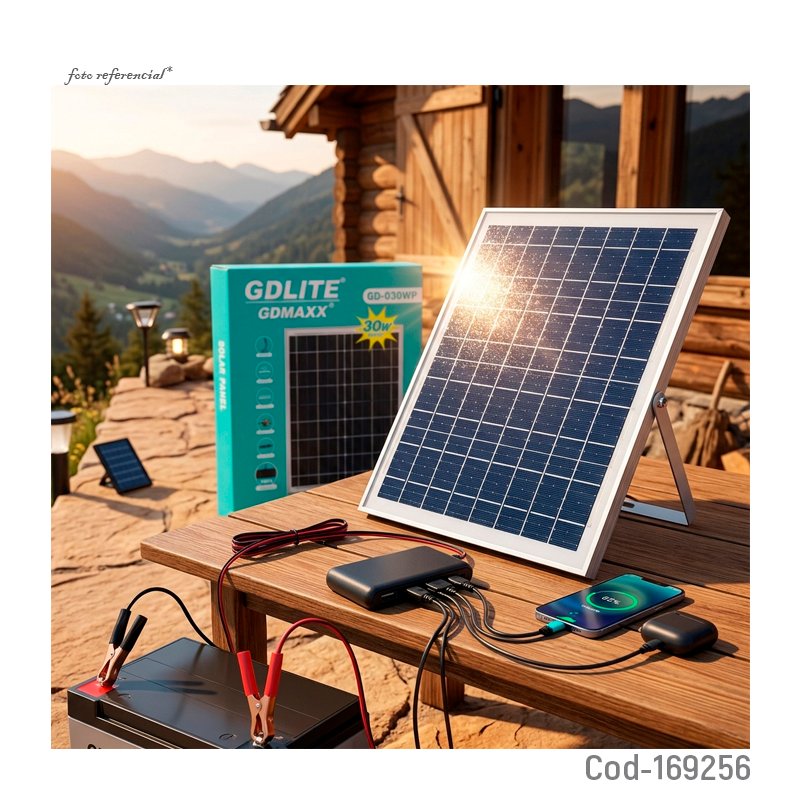 Panel solar de 30 watt modelo gd-030wp con 2 usb, 2 type-c, cable 5 puntas y pinzas. mayorista — imagen 3