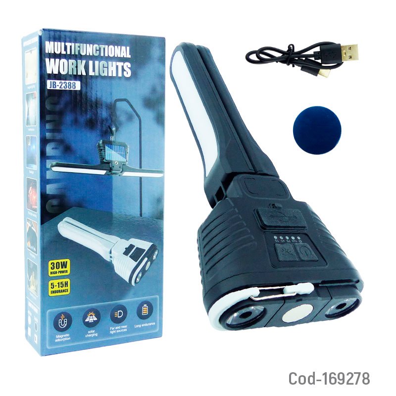 Linterna LED Solar 2 En 1 Modelo JB-2388 De 30 Watt Con Lampara E Iman Recargable. 24.2 cm x 10 cm x 3.5 cm por mayor en Chile