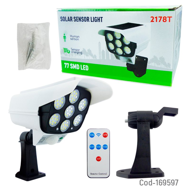 Foco Solar LED De 77 LED Tipo Camara Modelo 2178T Con Soporte, Control Remoto Y Sensor De Movimiento 17.7 cm x 10 cm x 8.4 cm por mayor en Chile