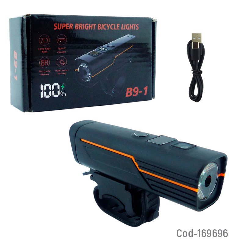Luz De Bicicleta Delantera Modelo B-9 Con Sensor De Encendido Y Apagado Recargable. 10.6 cm x 3 cm x 2.8 cm por mayor en Chile