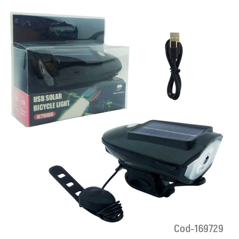 Luz Bicicleta Delantera Solar Con Bocina Recargable Modelo S7599 - Pack de 10 unidades 5 cm x 4 cm x 10 cm por mayor en Chile