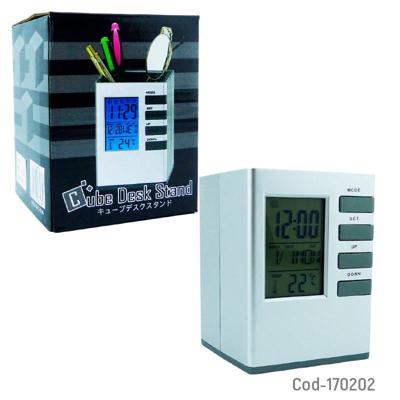 Porta Lapiz Para Escritorio Con Reloj, Alarma, Temperatura Y Pantalla Con Luz 10.11 cm x 7.7 cm x 7.7 cm por mayor en Chile