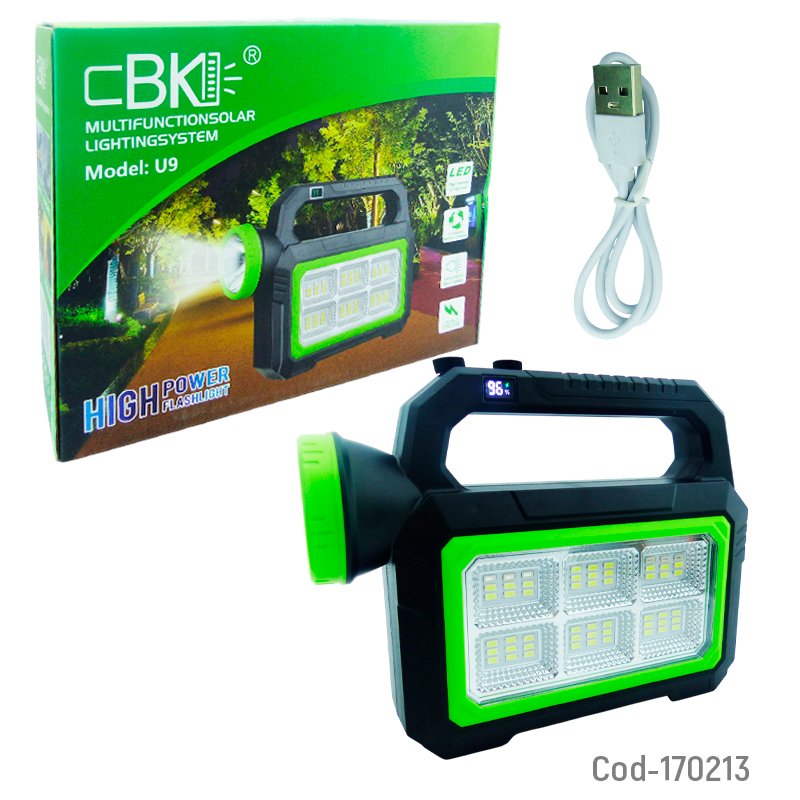 Linterna LED Solar Marca CBK Modelo U9T Con Lampara De 48 LED, Baliza, Indicador De Carga Y Funcion De Power Bank Recarga. 20.7 cm x 16.3 cm x 5.8 cm por mayor en Chile