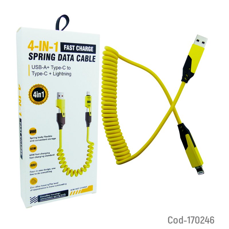 Cable 4 En 1 Type-C A USB Y Tipe-C A Lightning Cable En Espiral Con Fast Charge Hasta 65 Watt - Pack de 10 unidades por mayor en Chile