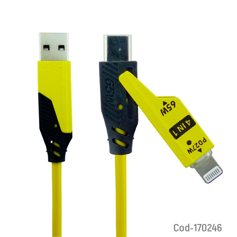 Cable 4 en 1 type-c a usb y tipe-c a lightning cable en espiral con fast charge hasta 65 watt - pack de 10 unidades mayorista — imagen 3