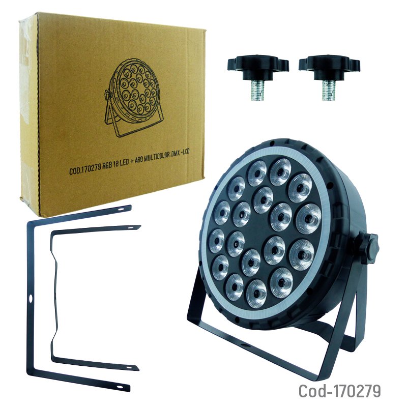 Luz Disco De 18 LED RGB Con Aro Multicolor, DMX, LCD Y Con Doble Brazo De Metal 20.5 cm x 6.5 cm por mayor en Chile