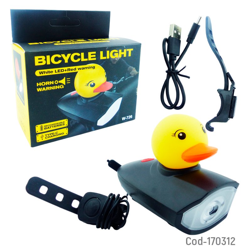Luz Bicicleta Con Bocina De 5 Tonos Modelo PATO De LUZ Blanca Y 4 Efectos De Iluminacion 11 cm x 5 cm x 7 cm por mayor en Chile