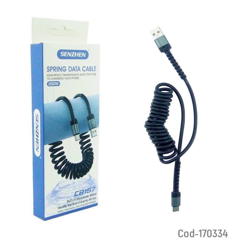 Cable USB A Type-C Marca SENZHEN Modelo CB157 En Espiral De 200 Watt Y Punta De Metal. - Pack de 10 unidades por mayor en Chile