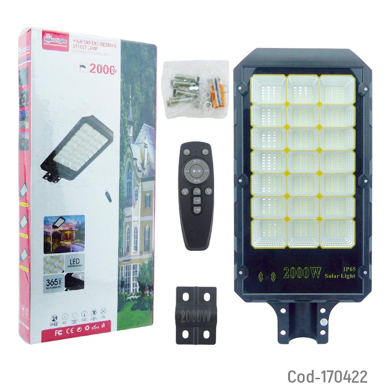 Foco Para Poste Solar De 2000 Watt Con 21 Placas Y 540 LED, Control Remoto Y Sensor. 52.5 cm x 24.2 cm x 5 cm por mayor en Chile