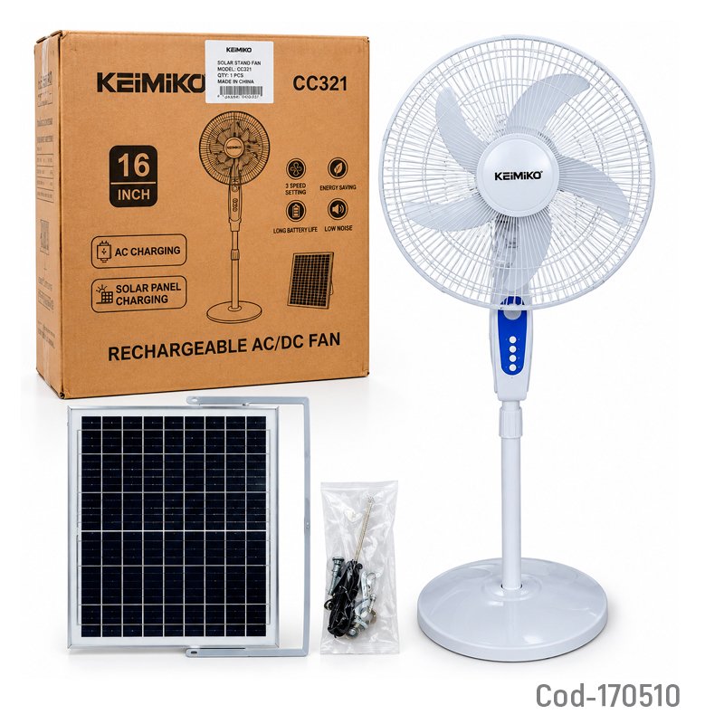 Ventilador Solar De 16 Pulgadas De Pedestal Marca KEIMIKO Con Oscilacion Y Panel De 3 Velocidades por mayor en Chile
