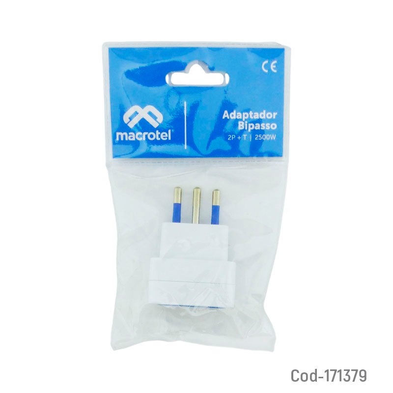 Enchufe Adaptador BIPASSO Marca Macrotel Modelo ME-1112 De 2 Patas, 10 Amp-250 Volt Certificado. 6 cm x 4.1 cm por mayor en Chile