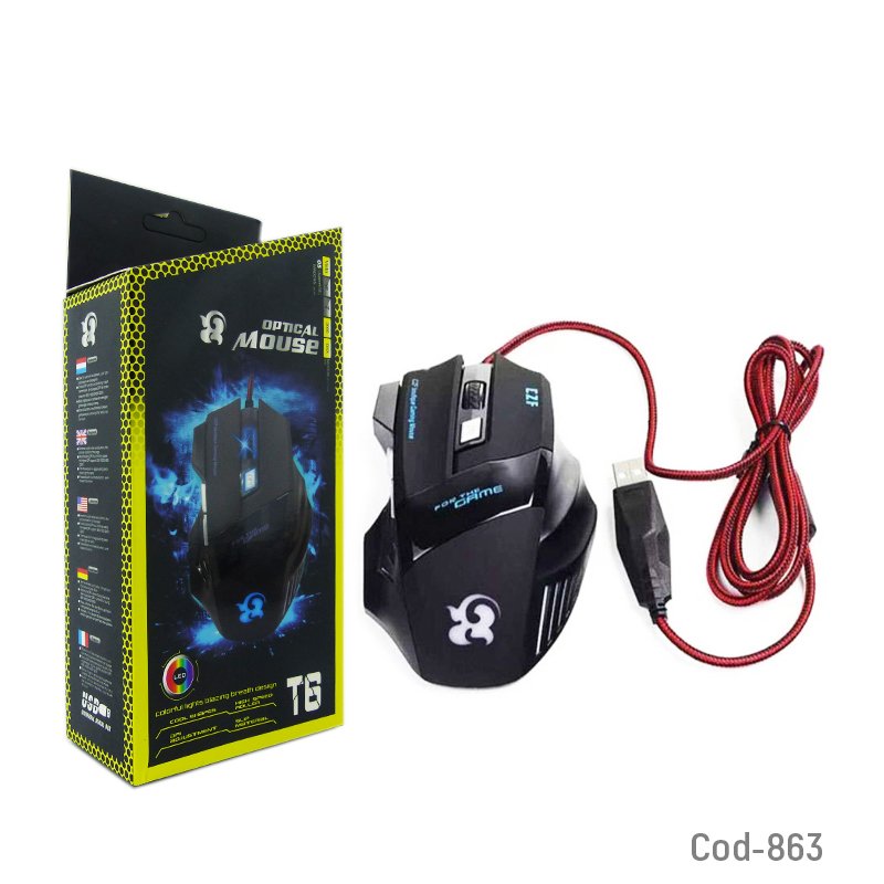 Mouse gamer t-6 con luz, 6 botones, cable usb tipo soga, con filtro. mayorista — imagen 4