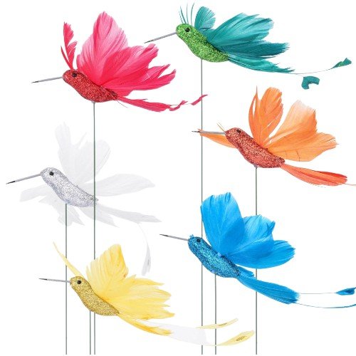 Pincho Decorativo de Pájaro con Glitter y Plumas Reales en Colores Surtidos por mayor - Jardinería por mayor