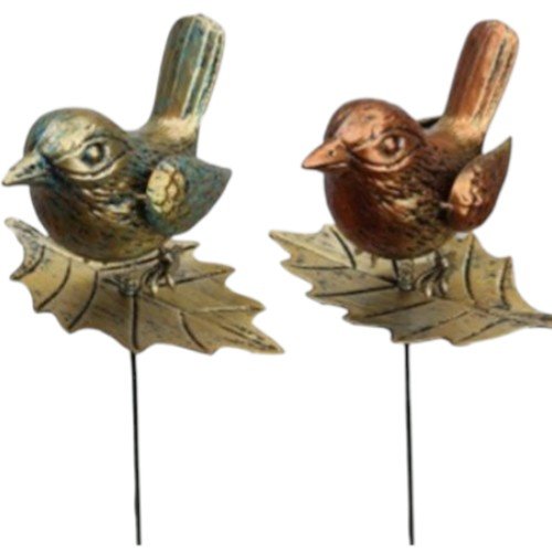 Pincho Decorativo de Pájaro Zorzal con Base de Hoja en Acabado Metálico Envejecido por mayor Jardinería por mayor