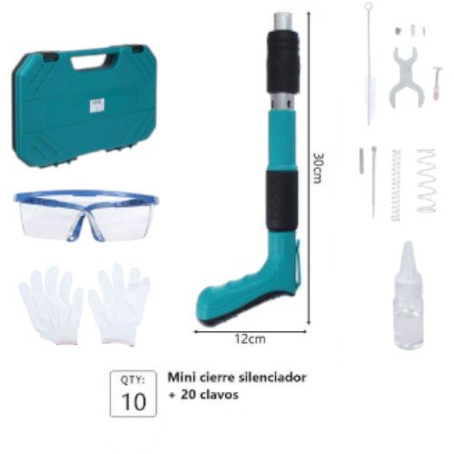 Pistola de Clavos Neumática Portátil "Mini Cierre Silenciador" con Kit de Seguridad y 20 Clavos 30cm x 12cm por mayor en Chile