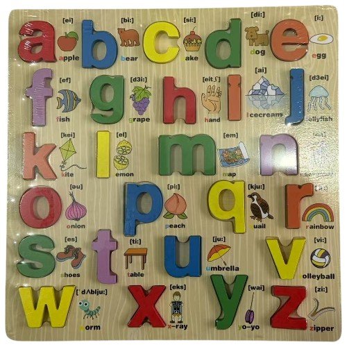 Juego educativo de madera, alfabeto con imágenes 3D, letras minúsculas 1PZA por mayor en Chile