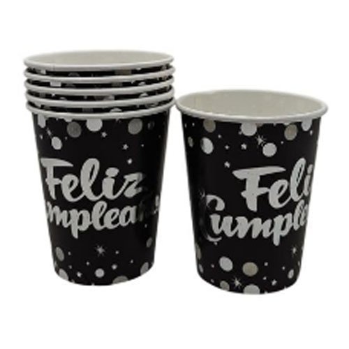 VASOS DE PAPEL PLATA NEGRO FELIZ CUMPLEAÑOS 6 PZA por mayor en Chile