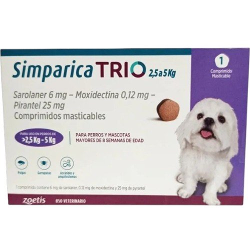 SIMPARICA MASTICABLE 10MG 2.5-5 KG 1 Comprimido por mayor en Chile
