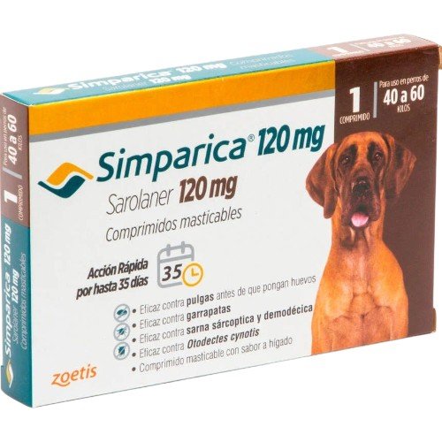 SIMPARICA MASTICABLE 120MG 40.1-60 KG (1 COMP) 1 Comprimido por mayor en Chile