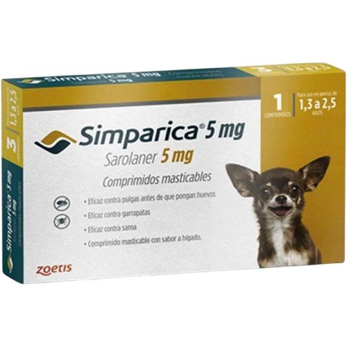 SIMPARICA MASTICABLE 5MG 1.3 -2.5 KG (1 COMP) 5MG 1 Comprimido por mayor en Chile