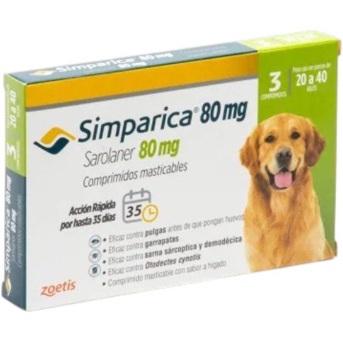 SIMPARICA MASTICABLE 80MG 20.1-40 KG (3 COMP) 3 Comprimidos por mayor en Chile