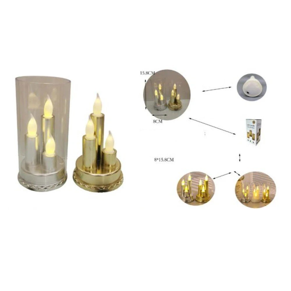 8*15.8 Velas de tres cabezas galvanizadas con tazas (Velas electrónicas con base en dorado y plateado) 8 X 15,8 CM por mayor en Chile