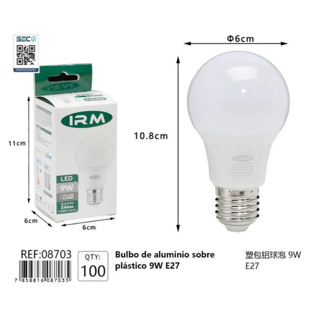 Ampolleta LED 9W E27 IRM - Certificada 1 Pza por mayor en Chile