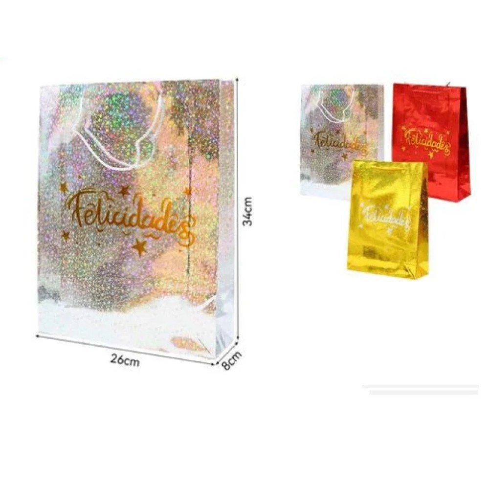 BOLSA REGALO LASER FELICIDADES 34 X 26 X 8 CM por mayor en Chile