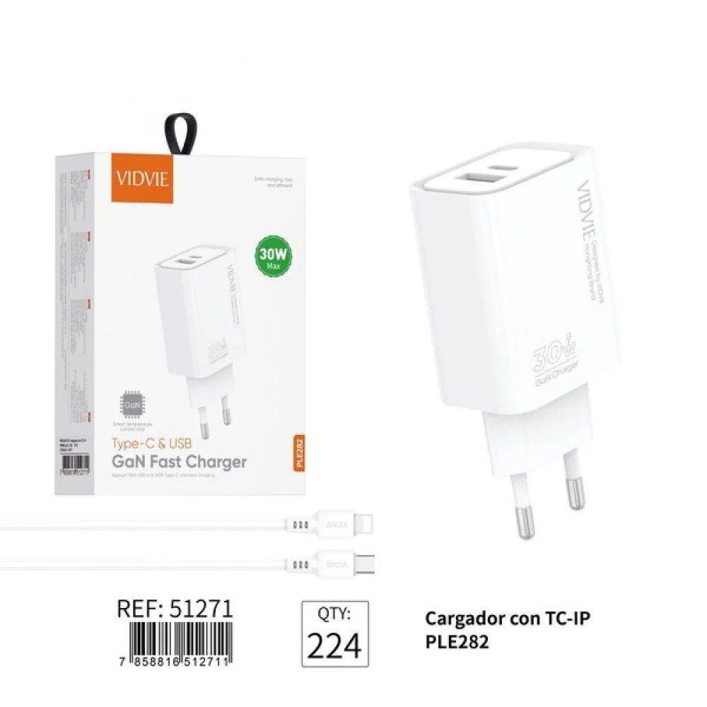 Cargador VIDVIE 30W GaN Fast Charger Type-C + USB 1 Pza por mayor en Chile