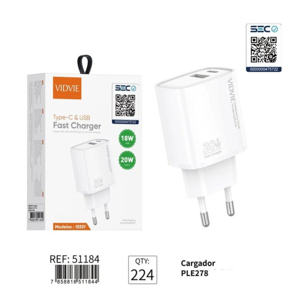 Cargador PLE278 VIDVIE Type-C & USB Fast Charger 1 Pza por mayor en Chile
