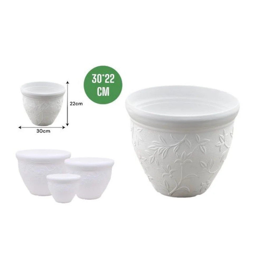 MACETA BLANCA FLORES RELIEVE 30 X 22 CM por mayor en Chile