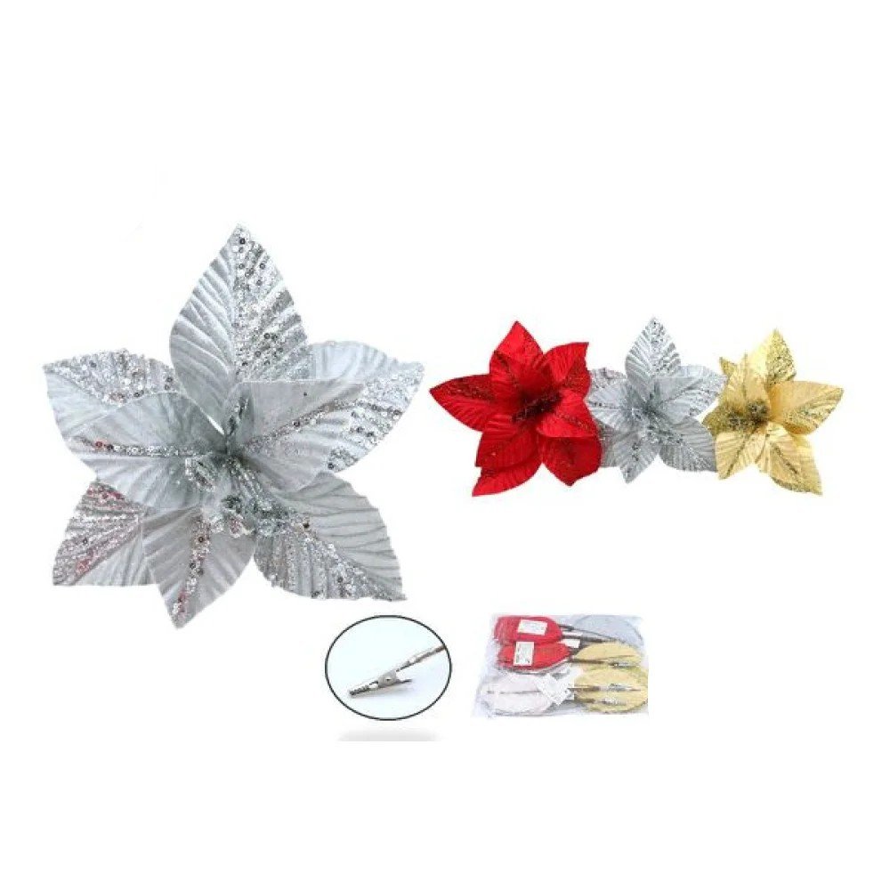 NAVIDAD FLOR 8*PETALOS GRIS CON GLITTER 1 Pza por mayor en Chile