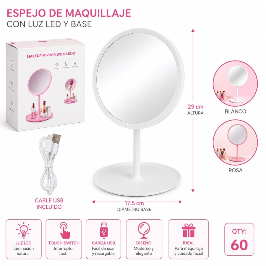 Espejo de Maquillaje con Luz LED 29cm x 17.5cm por mayor en Chile