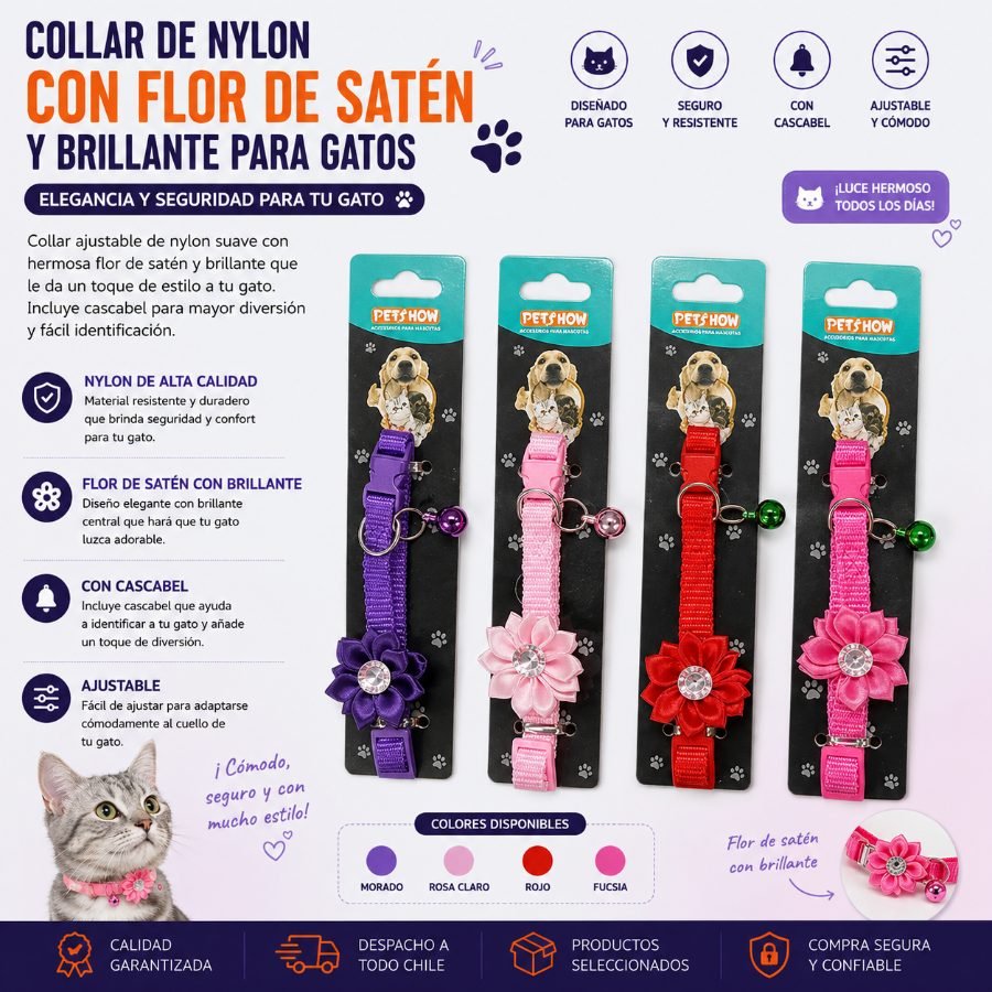 Collares de Nylon con Flor de Satén y Brillante para Gatos 1 PZA por mayor en Chile
