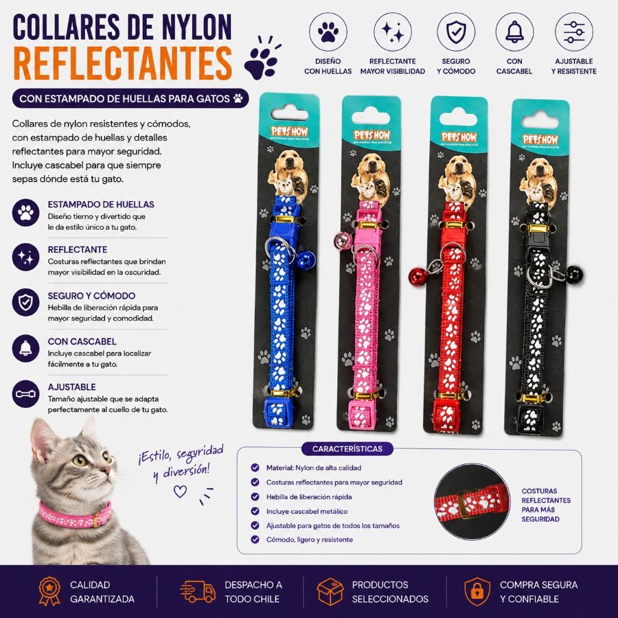 Collares de Nylon Reflectantes con Estampado de Huellas para Gatos 1 PZA por mayor en Chile