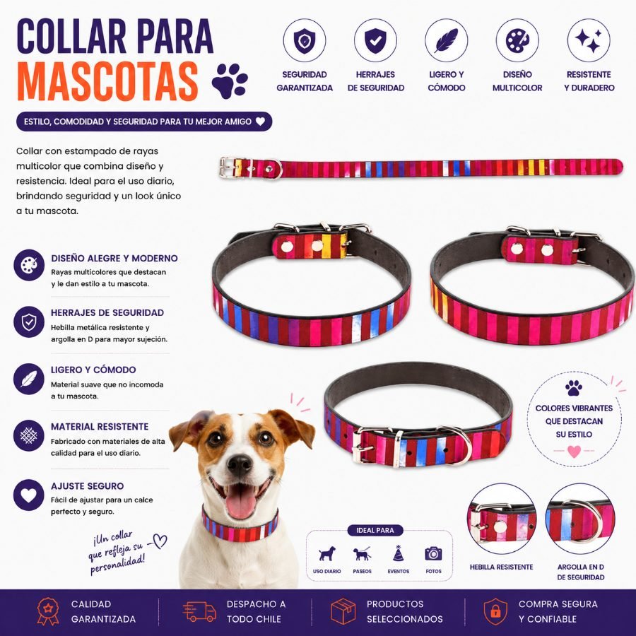 Collar para Mascotas con Estampado de Rayas Multicolor, Herrajes de Seguridad y Banda de 2.0 cm 1 PZA por mayor en Chile