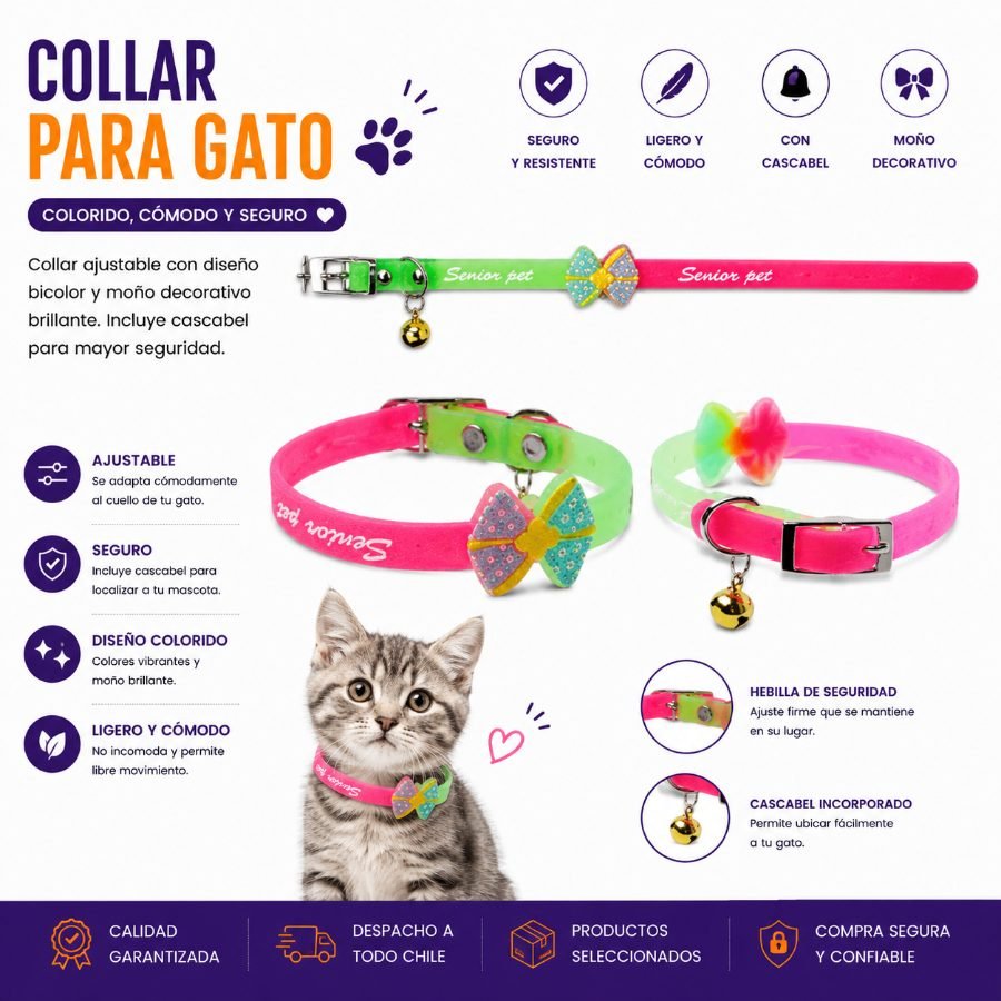 Collar de Silicona Flexible para Gatos con Lazo Decorativo Neón y Cascabel de Seguridad 1,0 X 28,5 CM por mayor en Chile