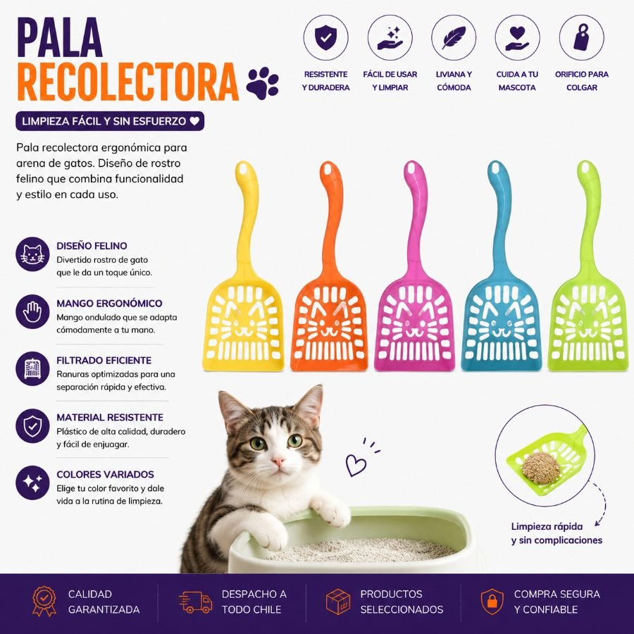 Pala Recolectora Ergonómica para Arena de Gatos con Diseño de Rostro Felino y Mango Ondulado 28 X 10,5 CM por mayor en Chile