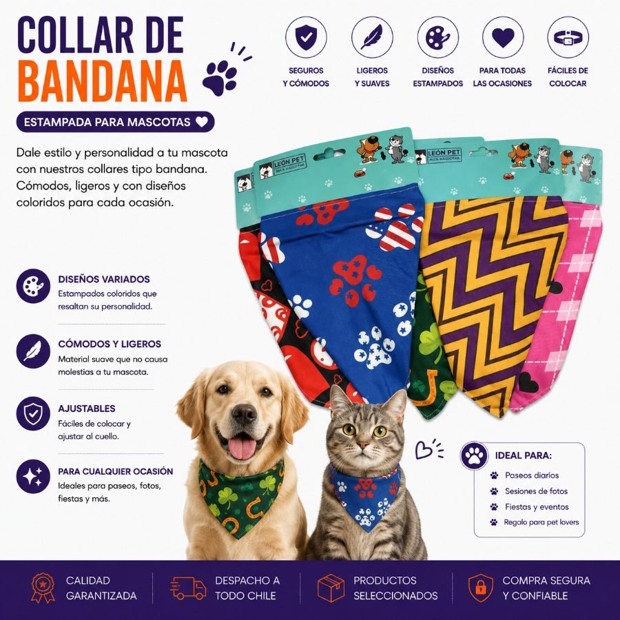 Collar de Bandana Estampada para Mascotas 1 PZA por mayor en Chile
