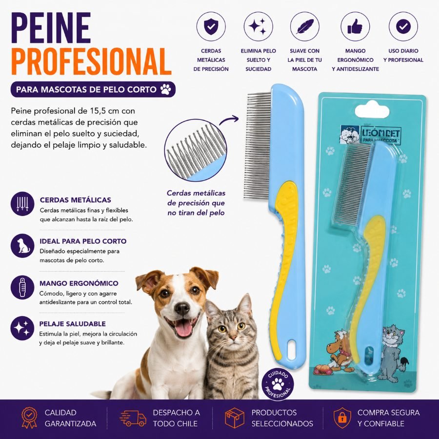 Peine Profesional de 15.5 cm para Mascotas de Pelo Corto con Cerdas Metálicas de Precisión 15,5 X 4 CM por mayor en Chile