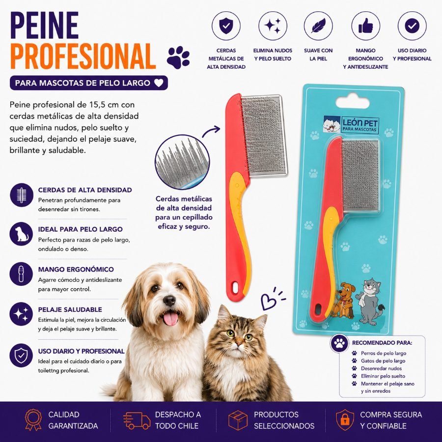 Peine Profesional de 15.5 cm para Mascotas de Pelo Largo con Cerdas Metálicas de Alta Densidad 15,5 X 5,5 CM por mayor en Chile