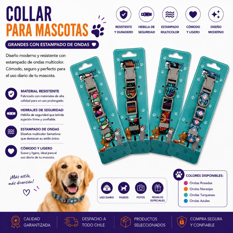 Collar para Mascotas Grandes con Estampado de Ondas Multicolor, Herrajes de Seguridad y Banda de 2.5 cm 2,5 CM por mayor en Chile