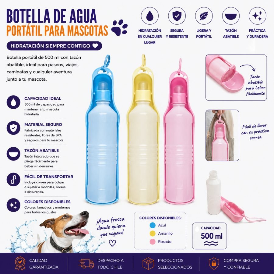 Botella de Agua Portátil para Mascotas 500ml con tazón Abatible 500 ML por mayor en Chile