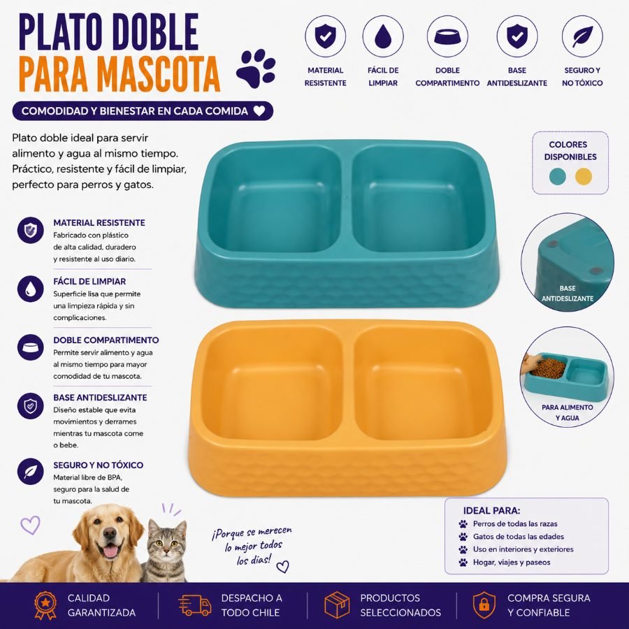 PLATO DOBLE PARA MASCOTA 25,5 X 14 CM por mayor en Chile