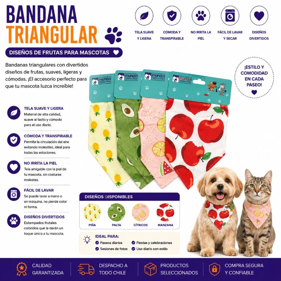 Bandana Triangular con Cuello Diseños de Frutas para Mascotas 1 PZA por mayor en Chile